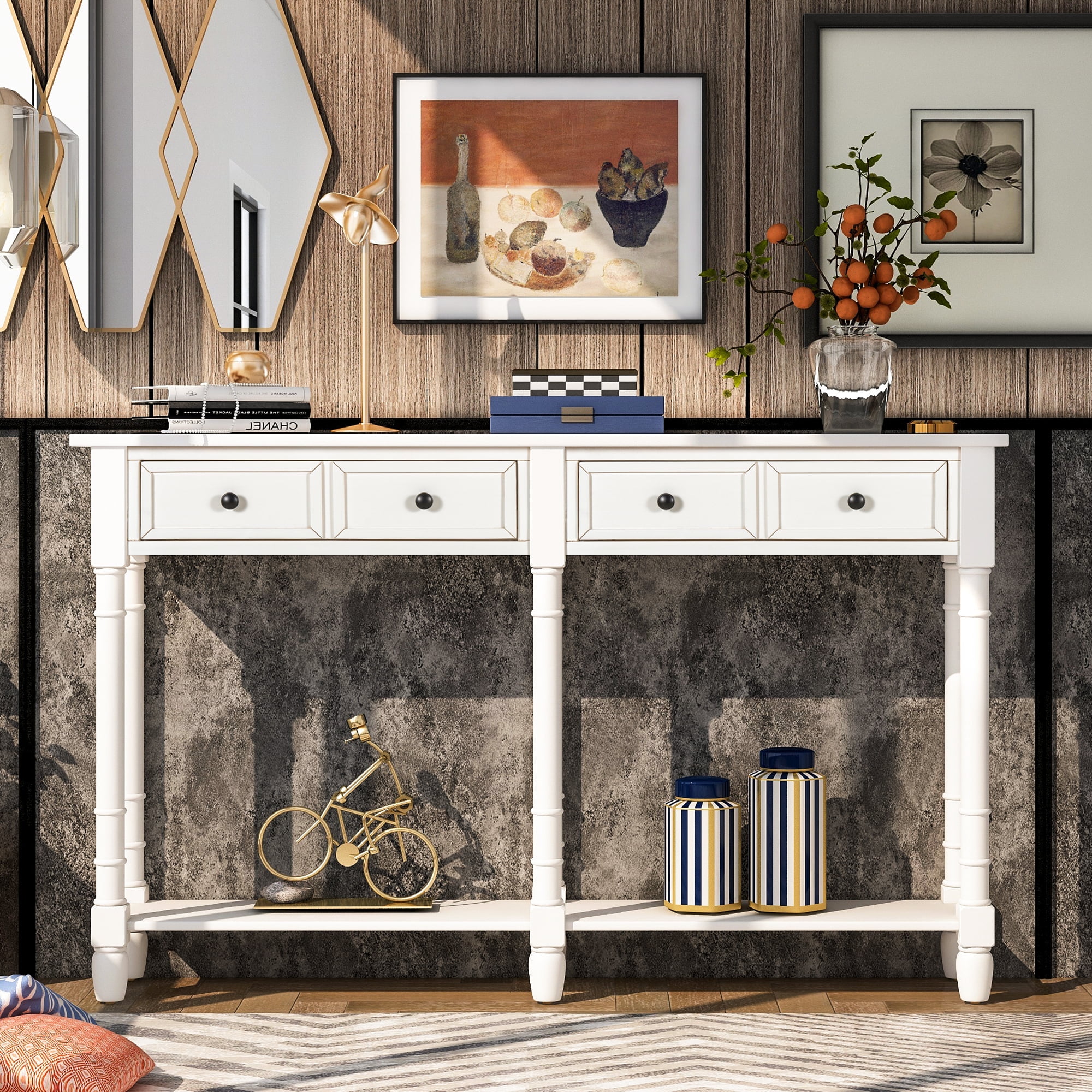 Wooden Console Table with Two Drawers and Bottom Shelf,Antique Entryway Table for Hallway Living Room,Ivory White
