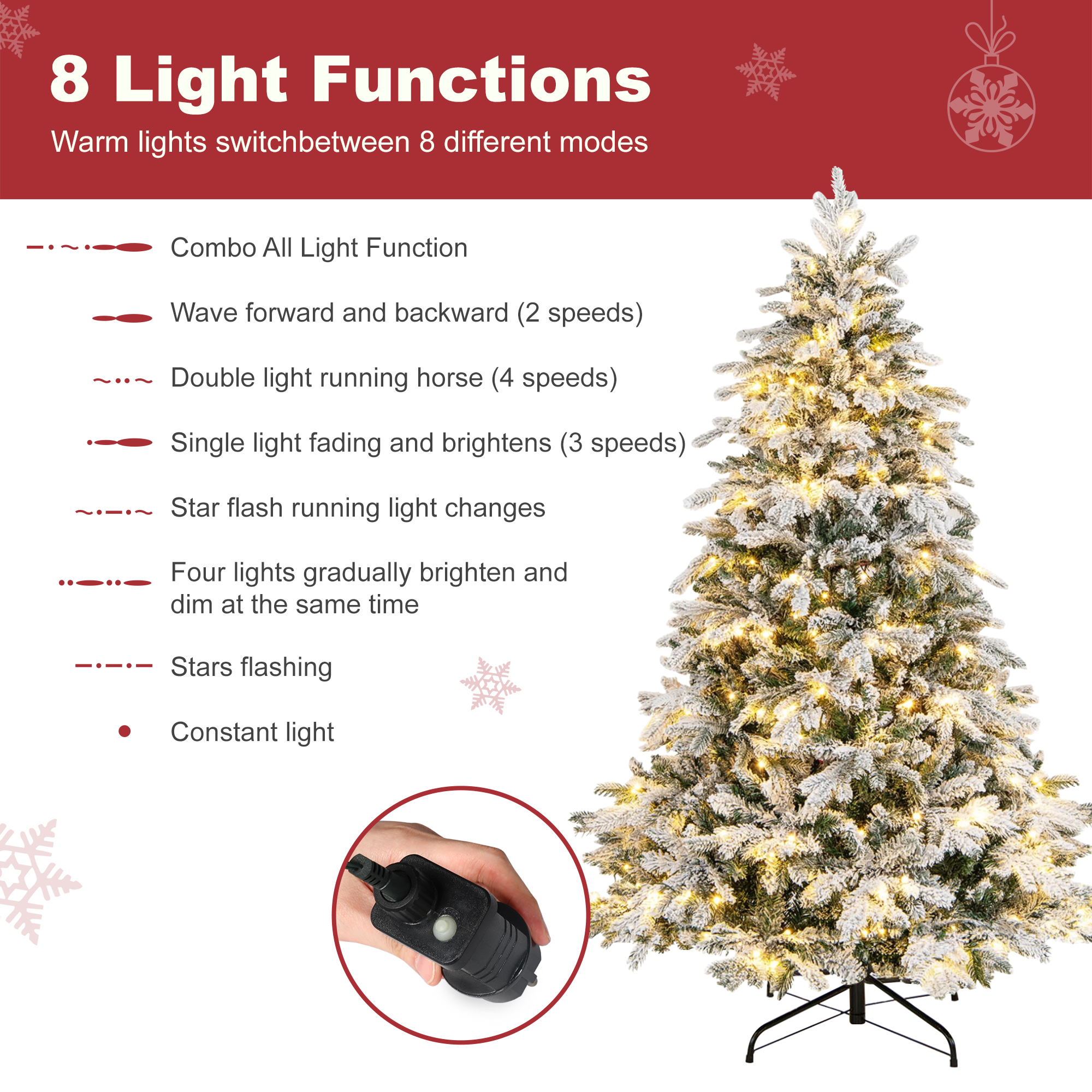 Firstness 7.5ft Pre-Lit Artificial Christmas Tree with 600 LED Lights,Snow Flocked Xmas Tree