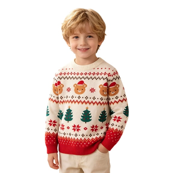 Boys Christmas Teddy Bear Sweater,Long Sleeve Crew Neck Fair Isle Knit Pullover Top for 2-7 Years