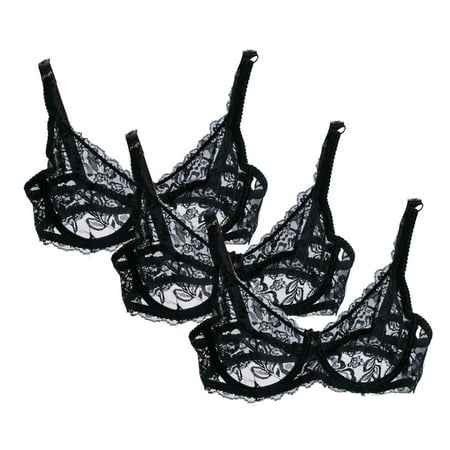 Huvoen Women s 3pc Lace Sheer Bra Unlined Minimizers Underwire Full Coverages Lingerie Bras Having Steel Rings Black xl
