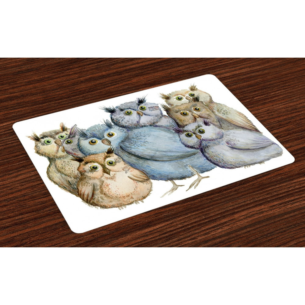 Owl Placemats Set of 4 Watercolor Hand Drawn Cute Owl Family Portrait