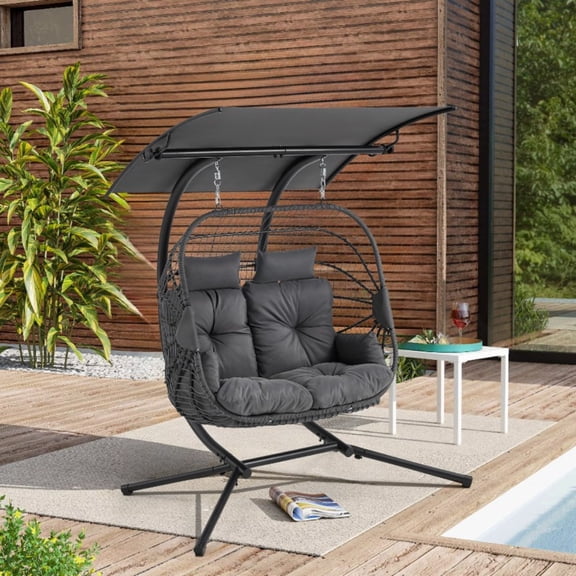 BUPPLEE 2 Person Egg Chair with Canopy, Double Wicker Hanging Swing Chair with Stand & Cushion for Outdoor Patio