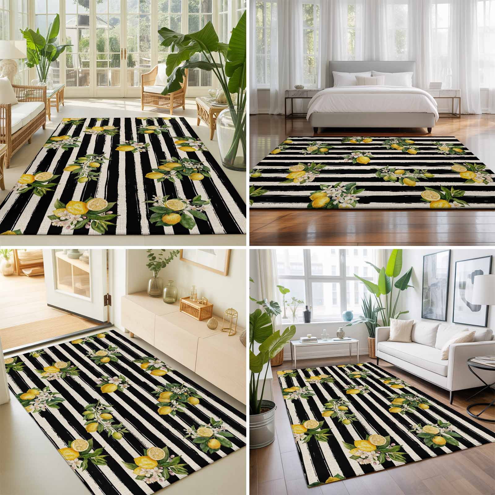 Large Area Rugs 8'x10', Summer Lemons Carpet Runner Indoor Outdoor Rugs Home Decor Aesthetic, Vintage Fruits Flowers Black Striped Non Slip Mats Washable Accent Rug for Living Room Bedroom