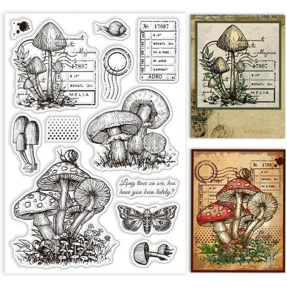 Mushroom Text Clear Stamps for DIY DIY Scrapbooking Realistic Moth Snail Silicone Stamp Seals Transparent Stamp for DIY Cards Making Photo Album Journal Decoration 6.3×4.33inch