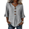 thumbnail image 2 of LEKWK Summer Tops for Women Ruffle 3/4 Sleeve V Neck Striped Casual Shirts Lightweight Loose Fit Button Linen Top Fashion Boho Vacation Daily Outfits, 2 of 5