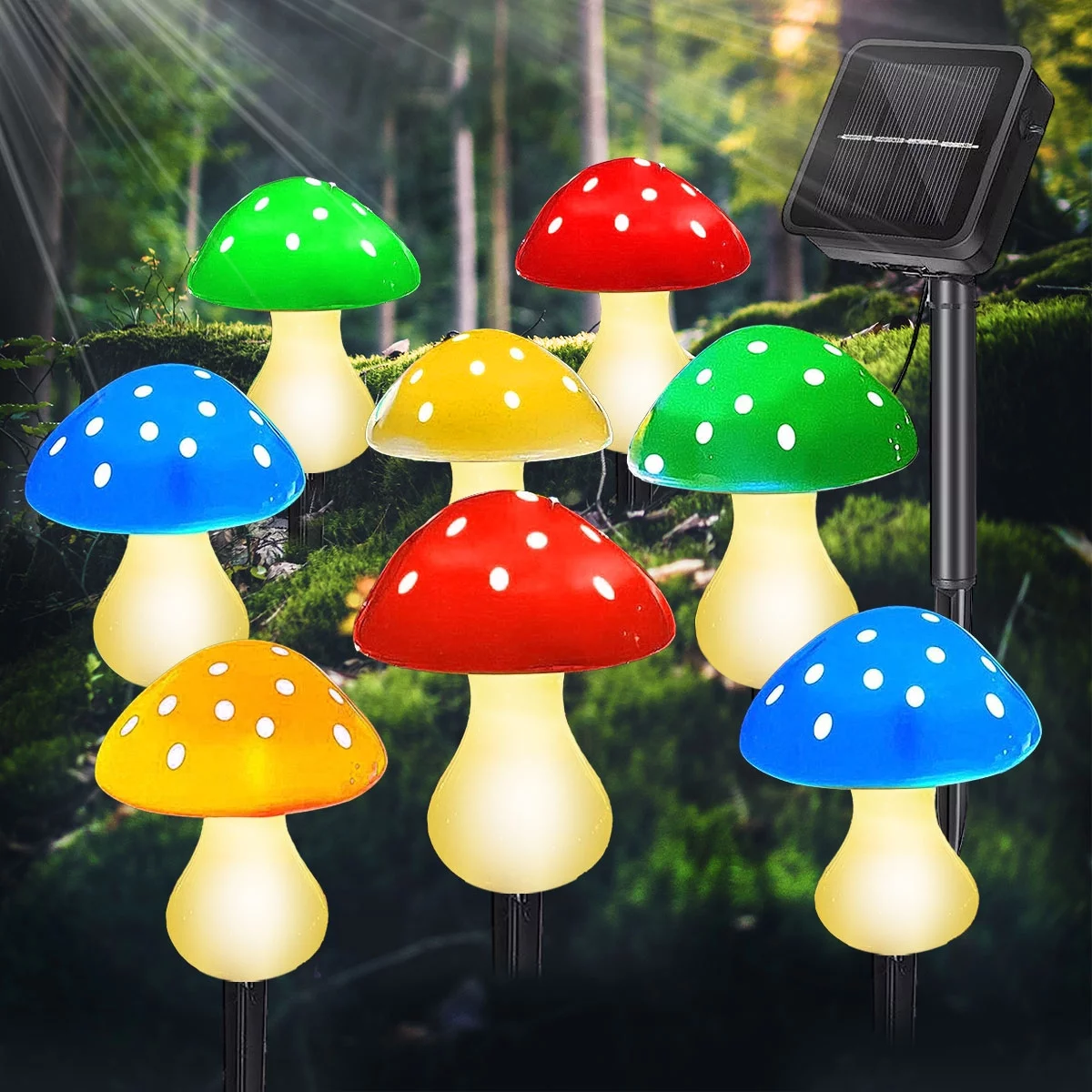 Rirool Solar Mushroom String Lights Outdoor 23ft, 8 LED Multicolor Garden Lights with 8 Modes, IP65 Waterproof Fairy Lights for Patio Yard Holiday Decor