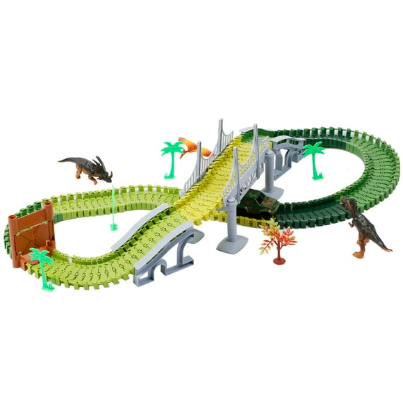 TFixol Dinosaur World Race Car Track Flexible Assembly 144 Piece Road Track Dino Toys Bridge Best Gift for Kids Boys Girls DIY Cooperate Ability Adventure Creator Playset