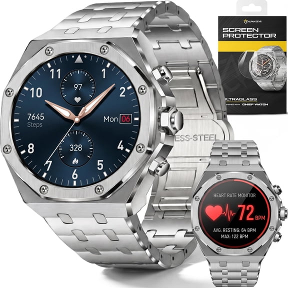 AlphaGear Chief Smartwatch for Men, Premium Hex Bezel Metal Smart Watch, 1.43" AMOLED Display, 14-Day Battery, Bluetooth Calling, Stainless Steel, Water Resistant, for Android iPhone (Silver)