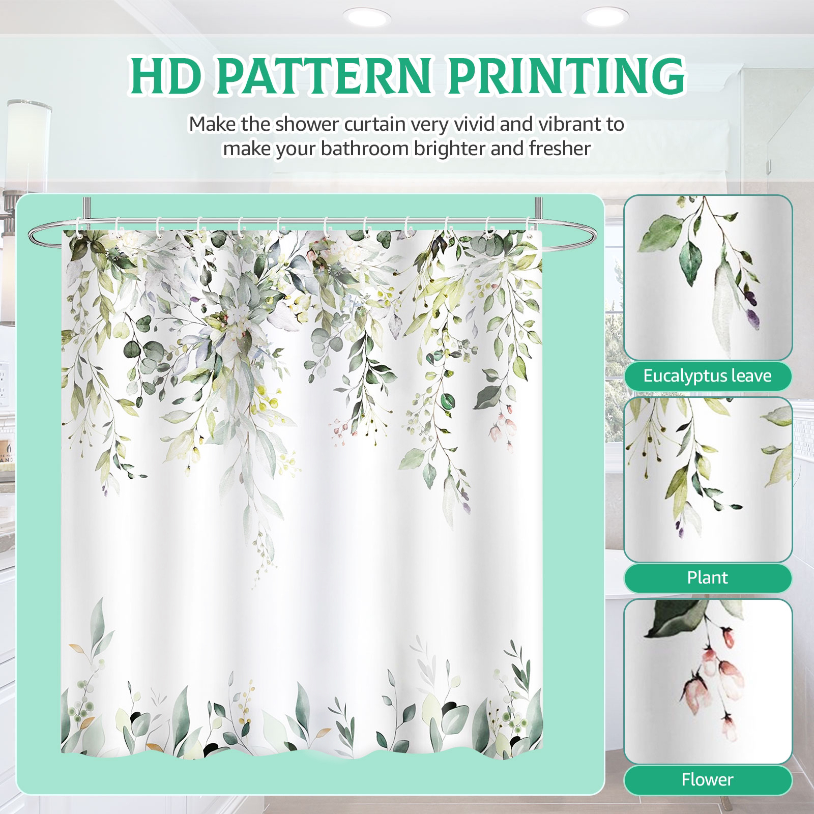 Dznils Green Eucalyptus Watercolor Floral Shower Curtain, 72x72" photo 6