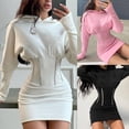 thumbnail image 2 of Women Autumn Puff Long Sleeve Corset Mini Bodycon Dress Glitter Striped Ribbed Elastic Slim Waist Solid Color Sweatshirt Club Streetwear, 2 of 20
