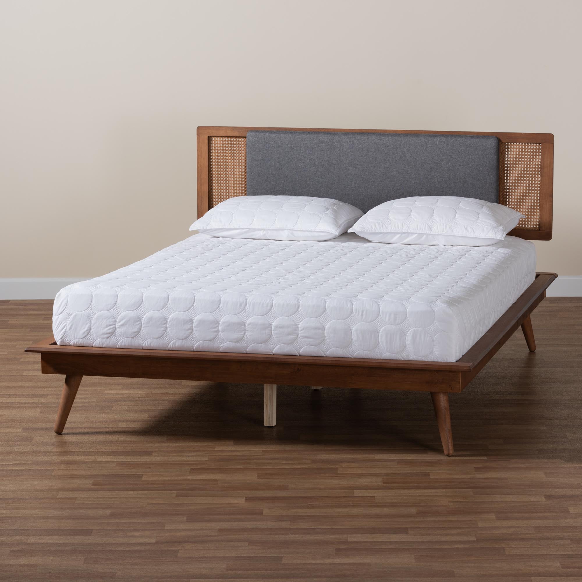 Baxton Studio Delfina Mid-Century Modern Dark Grey Fabric and Walnut Brown Finished Wood Queen Size Platform Bed