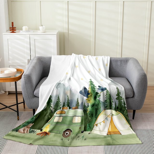 Erosebridal Rv Car Flannel Blanket 40x50 For Kids,Happy Camping Sherpa Throw,Cartoon Room Decorative,Lightweight