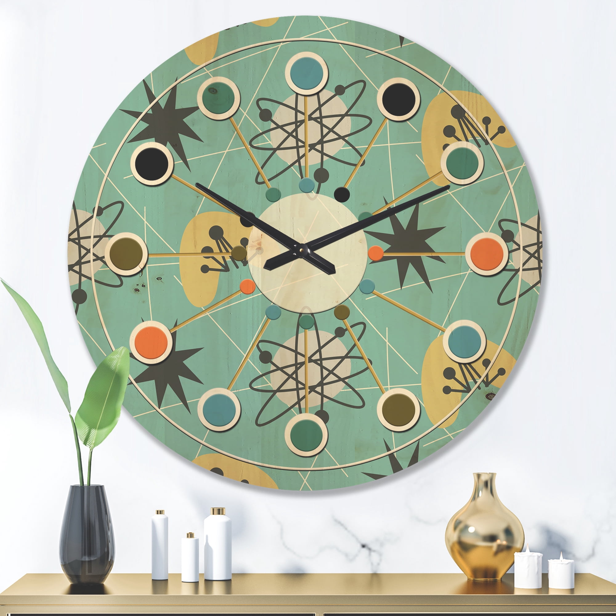 Designart '1950 Retro Pattern Shapes I' Mid-Century Modern Wood Wall Clock