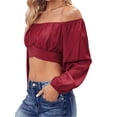 thumbnail image 2 of Solid Color Long Sleeved Women Off Shoulder Crop Tops Sexy Blouse, 2 of 5