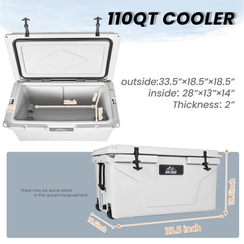 ANYKOON 110 Quart Rotomolded White Cooler, Heavy-Duty Hard Shell Ice Chest with 6-10 Day Ice Retention for Camping, Fishing & Tailgating