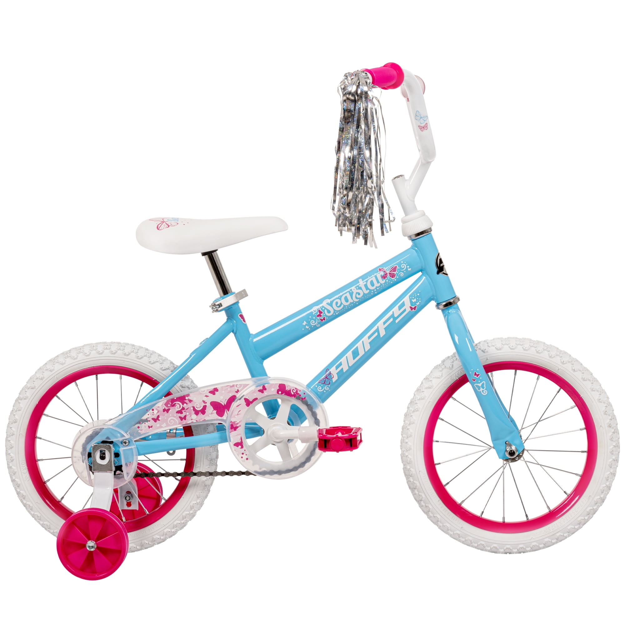Huffy Sea Star 14-inch Girls’ Bike with Training Wheels, Blue/Pink, 4-6 years old