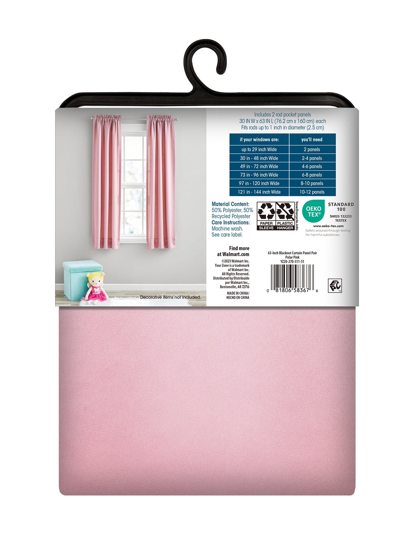 (2 pack) Your Zone Solid Blackout Rod Pocket Curtain Panel Pair, Set of 2, Pink, 30" W x 63" L