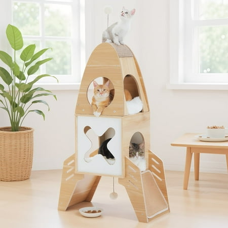 Pefilos 43 Modern Cat Tree Tower Rocket Shape Multilevel Cat Condo for Large Cats Cat Tower for Big and Fat Spacious Beige