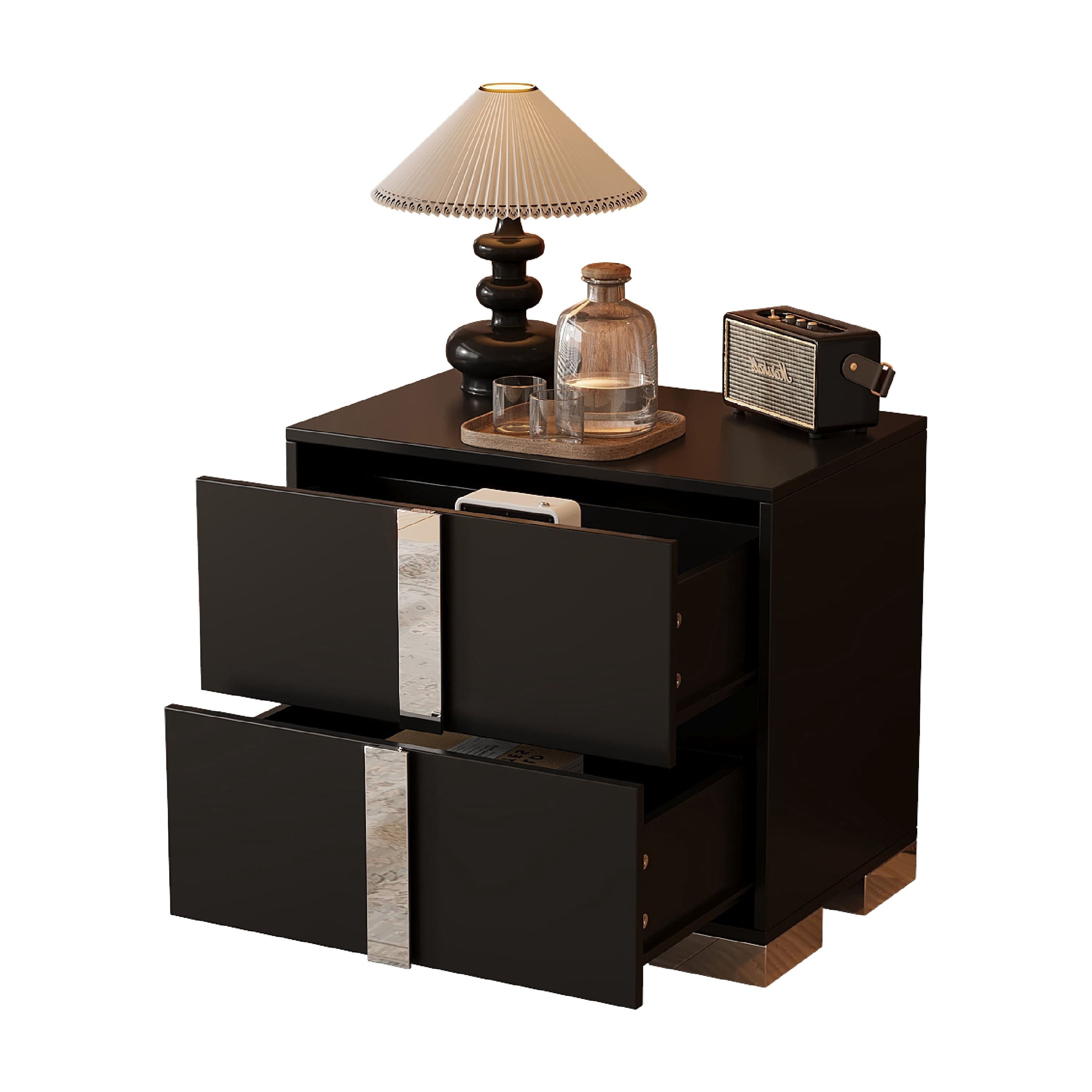 Euroco Wooden Nightstand with 2 Drawers & Metal Foot,Mirrored Bedside Table for Bedroom, Living Room,Black