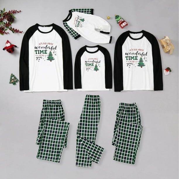 Pisexur Classic Plaid Family Christmas Pajamas Sets Long Sleeve Crewneck  Holiday Christmastree Top Green Plaid Pants 2PCS Christmas Pjs Lounge Sets  