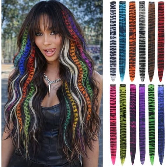 12 Colors Leopard Print Hair Extensions Clip Ins 18inch Colorful Tail Hair Extensions Clip in Hair Accessories for Women(12pcs)