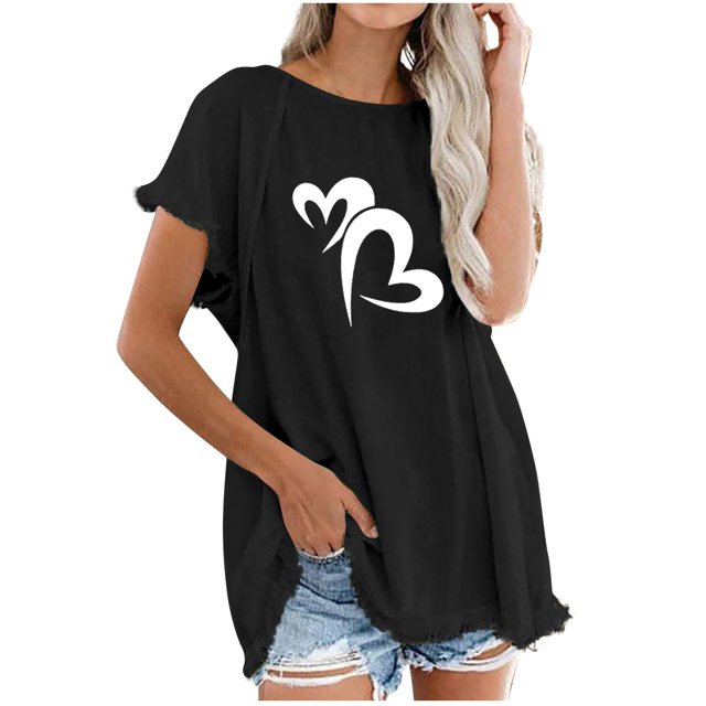 Blusa de manga corta con estampado regular de flecos y cuello redondo de algodón y cáñamo para mujer OAVQHLG3B Store lin121212