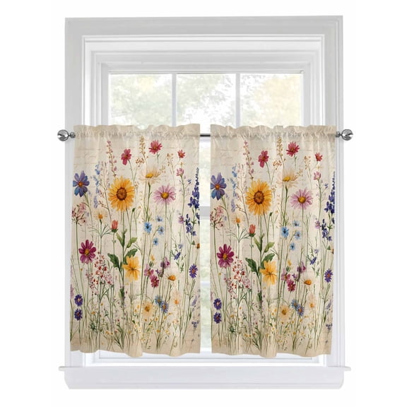 Spring Floral Tier Curtains 45 Inches Long, Vintage Pastoral Rustic Botanical Flowers Window Treatment Curtain Drapes, Small Curtain Drapes for Bathroom Laundry Room, 27.5"x45", 2 Panels