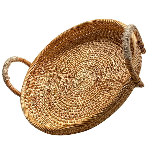 WEUVEB Wicker Serving Tray Khaki 1Pcs 8.25X8.25X1.57in