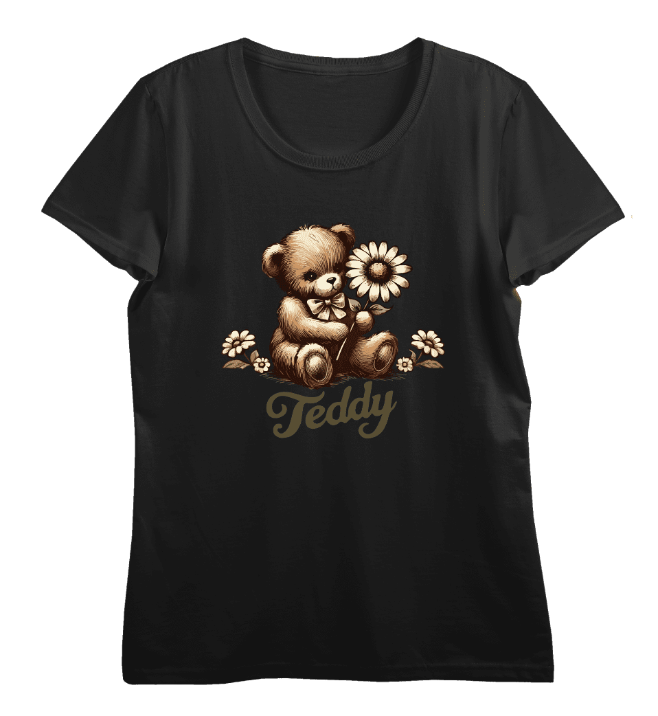 Teddy Bear With Daisy Women's Black Crew Neck Short Sleeve Crop