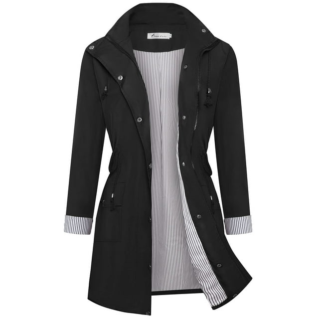 Veste de Pluie Femme Coupe-Vent Rayée Imperméable Légère Trench à Capuche Noir L