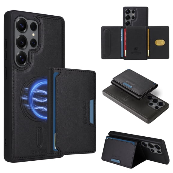 ELEHOLD 2-in-1 Case for Samsung Galaxy S24 Ultra, RFID Blocking Shockproof Magnetic Leather Wallet Case, Wireless Charging,Black