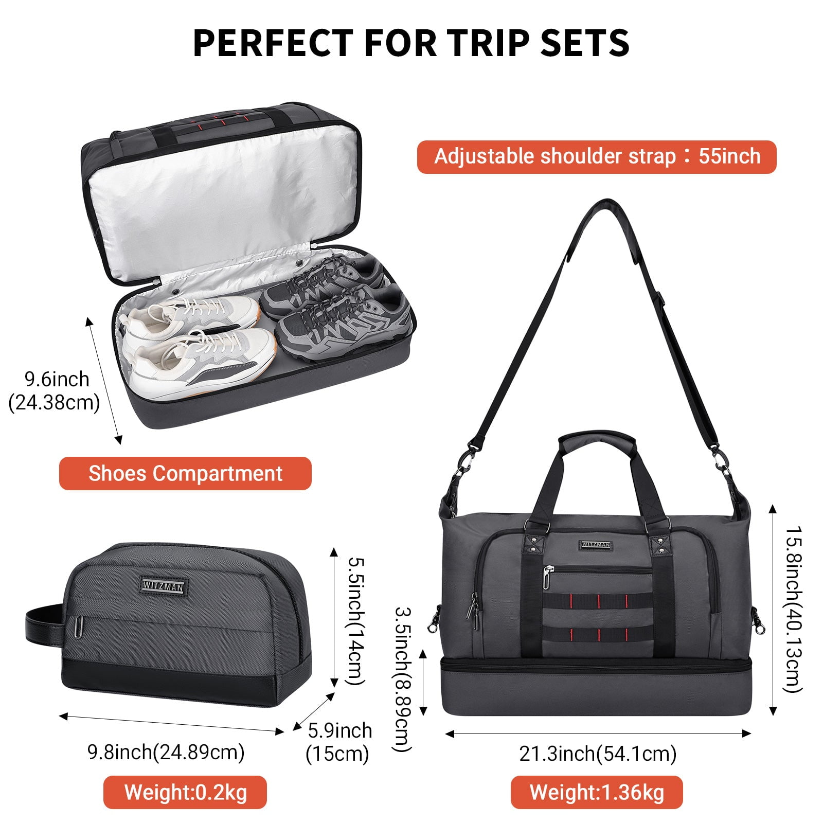 WITZMAN Travel Duffle Bags for Men Weekender Bags with Toiletry Bag Sets Carry on Overnight Bag 55L（B696 Silvery Grey）