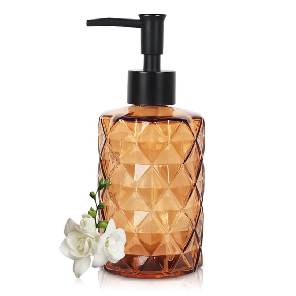 1Pcs Glass Soap Dispenser Diamond Design,330ml Multifunctional Soap Dispenser, 11 OZ Refillable Soap Dispenser Container for Bathroom Kitchen,Brown