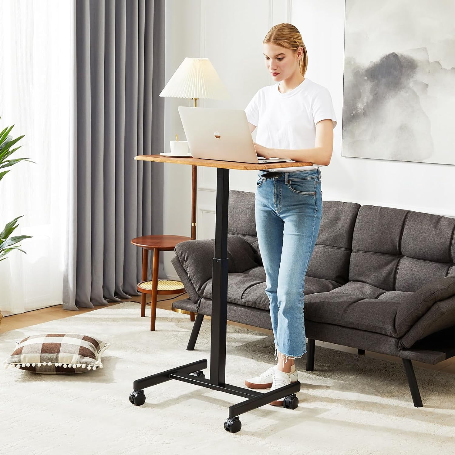Small Mobile Standing Desk, Adjustable Rolling Laptop Table with Locking Wheels for Home Office, Rust Brown