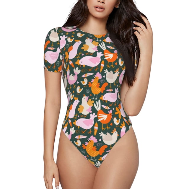Fotbe Roosters and Chicks Body de Mujer con Cuello Redondo y Mangas Cortas, Sin Mangas Ajustado, Suave, Cómodo y Básico-Medium