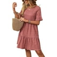 thumbnail image 3 of Women'S Summer Dresses 2025 Puff Sleeve Crew Neck High Waist Smocked A-Line Flowy Loose Fit Midi Dress Bean Paste Powder L, 3 of 9