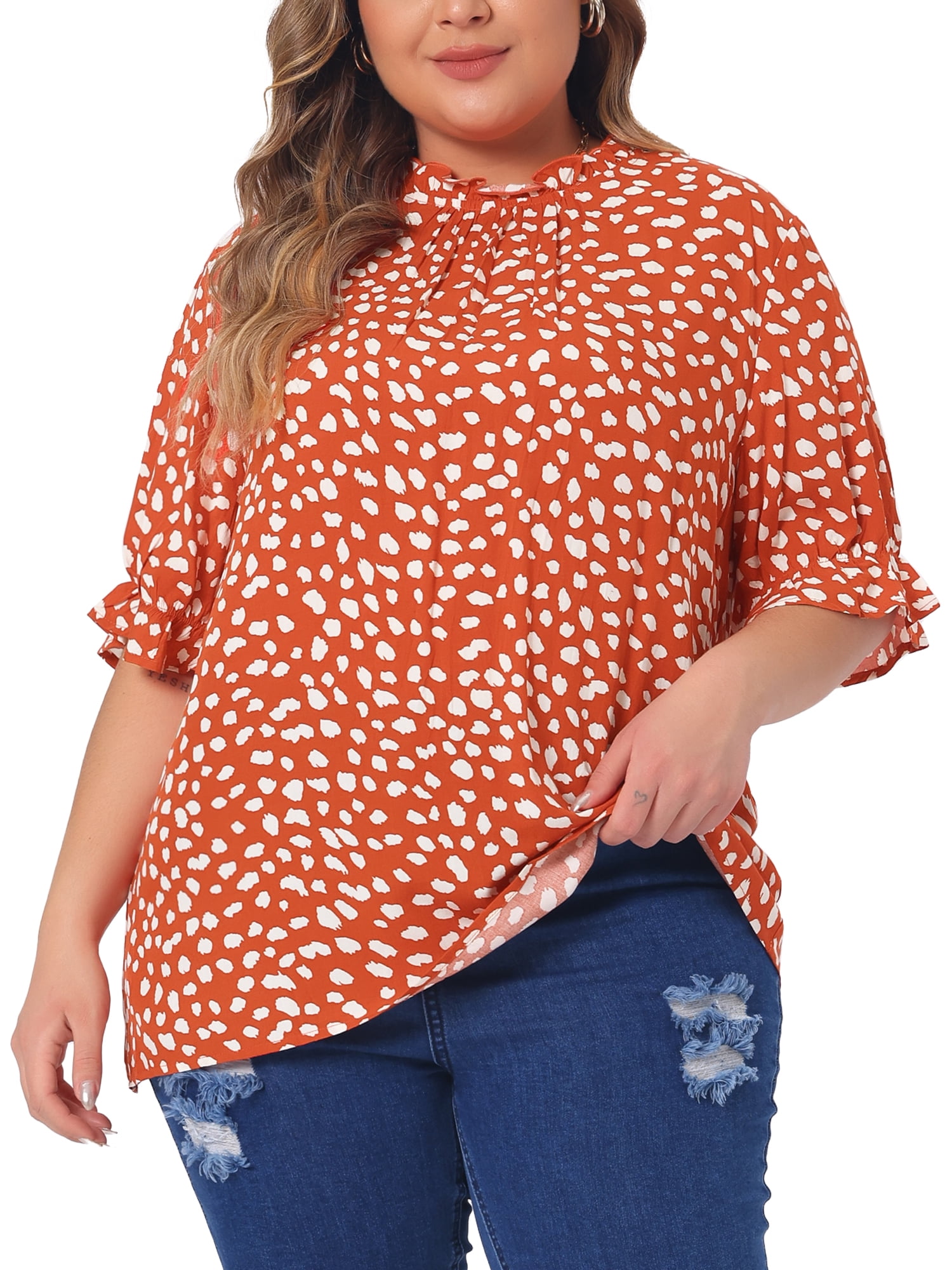 DARING DIVA Women's Plus Polka Dots Print Ruffle Hem Mock Neck Blouse 2X Orange