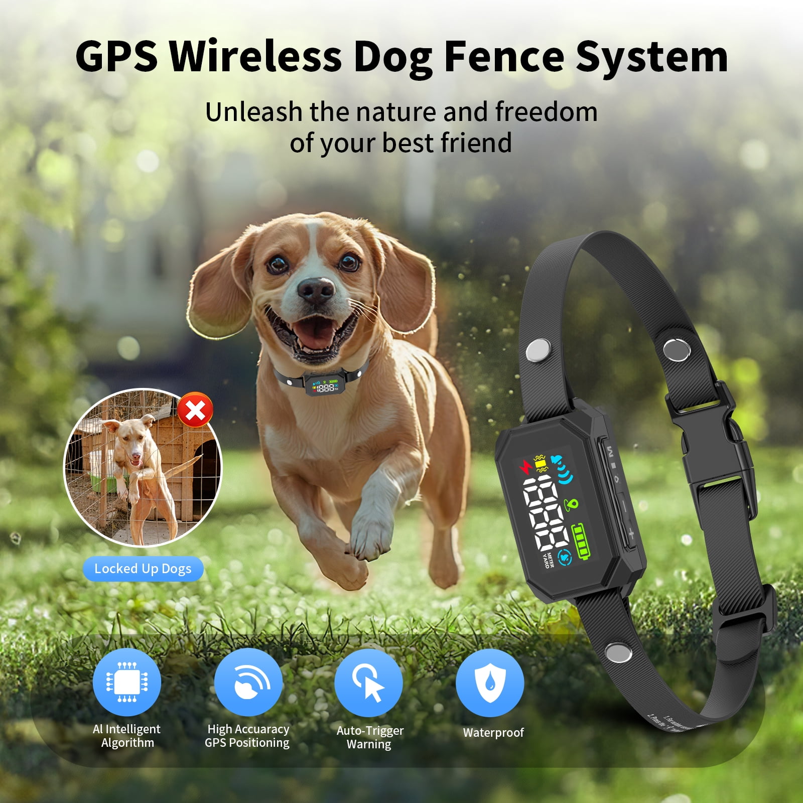 Jewyow GPS Wireless Electric Dog Fence, Perimeter Containment System with Rechargeable Collar, 33–1999 Yards Range, IPX7 Waterproof, 3 Correction Modes (Beep/Vibration/Shock)
