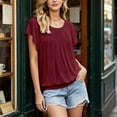 thumbnail image 6 of VBVC Women's Crew Neck Pleated Batwing Sleeve Blouse , Ladies' Loose Flowy Casual Top , Soft Elastic Hem Summer Shirts For Women,Wine,S-2XL, 6 of 9