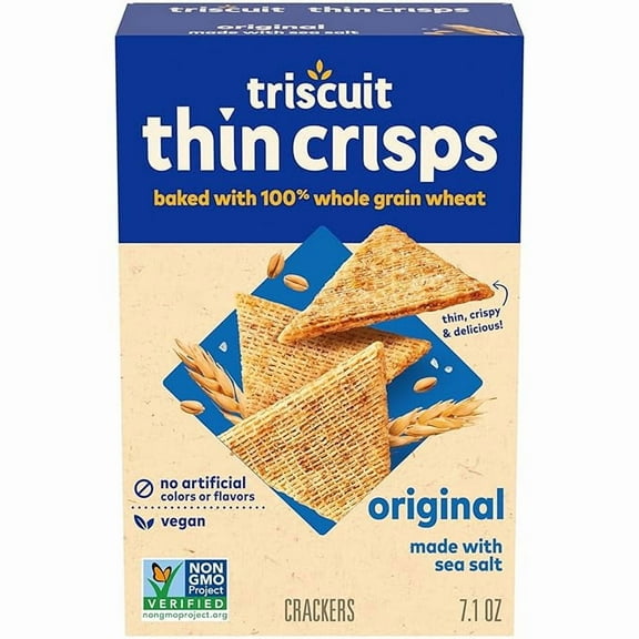 Triscuit Thin Crisps Original Whole Grain Wheat Crackers, Vegan Snacks, Snack Crackers, 7.1 oz