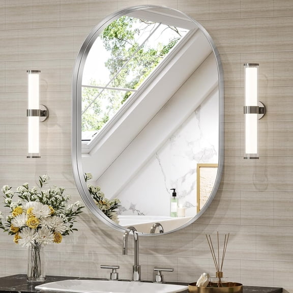 Gleamira 22"x30" Bathroom Mirror Oval Wall Mirror Vanity Mirror with Metal Deep Frame,Silver