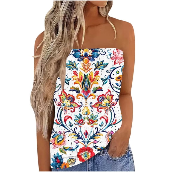 Staron Summer Tops for Women Strapless Printed Camisole Casual Sleeveless Blouse Fashion Tank Top, M