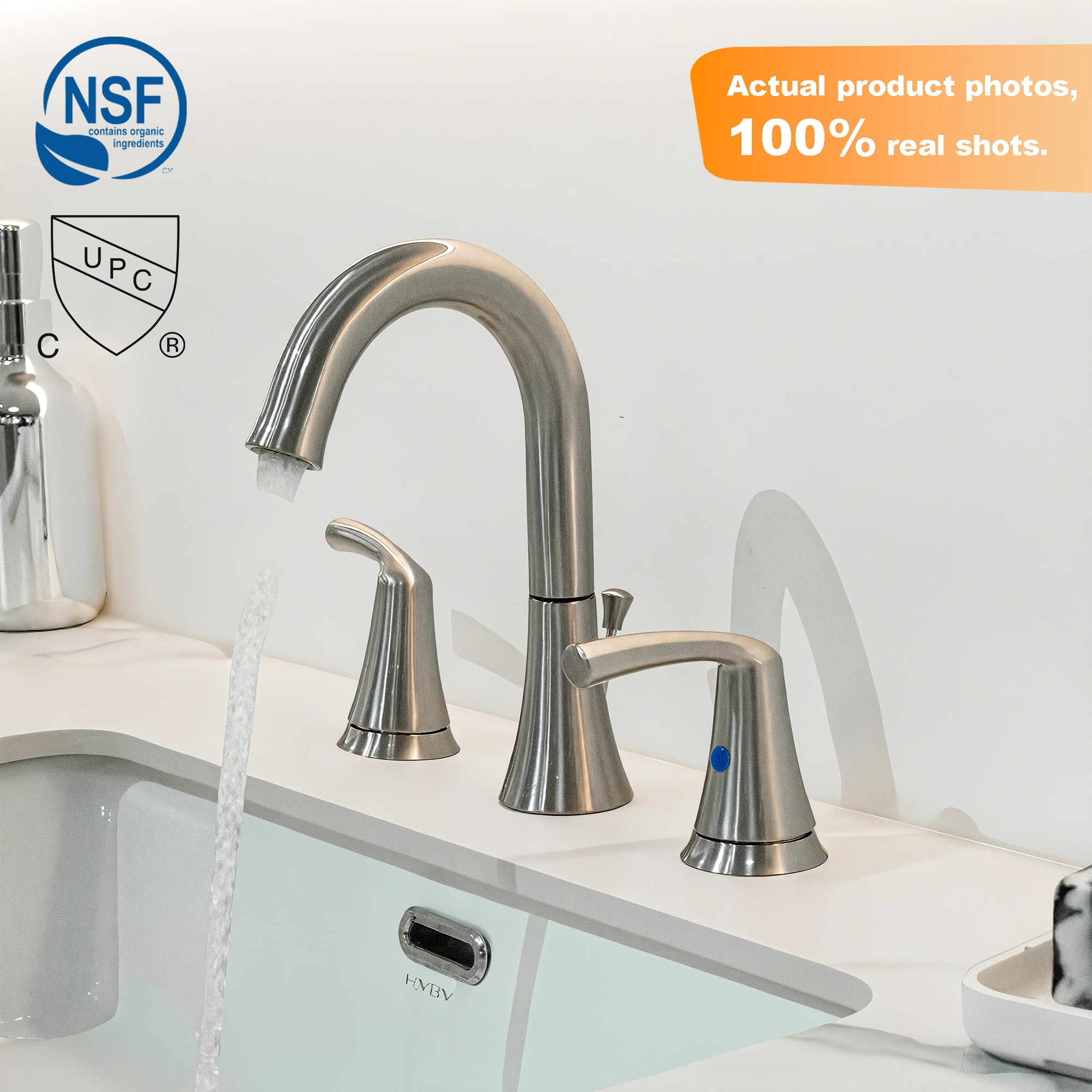 Sunrinx Brushed Nickel 8 Inch Widespread Bathroom Sink Faucet 3 Hole Dual Handle Swivel Drain Kit