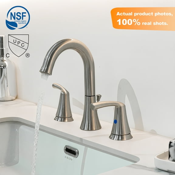 SUNRINX 8 Inch Widespread 2-Handle Bathroom Sink Faucet, Brushed Nickel, 3 Hole Bathroom Faucet with Drain Assembly, Swivel Faucet Head, Hot and Cold Indicators