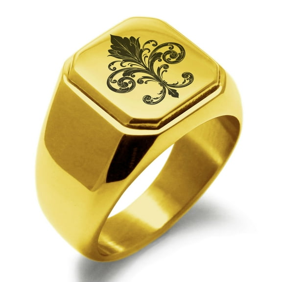 Stainless Steel Ornate Fleur De Lis Engraved Square Flat Top Biker Style Polished Signet Ring