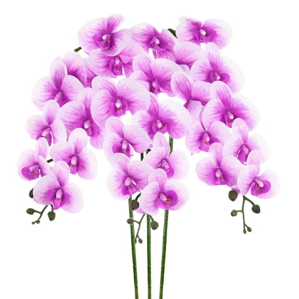 Uxcell 3-Pack Flores de Orquídea Artificial 9 Pétalos Grandes 37 Pulgadas Ramo de Seda Phalaenopsis Púrpura Oscuro Blanco Falsas Orquídeas para Hogar/Boda