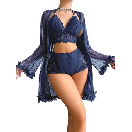 SHOWMALL Women Lingerie Sexy Babydoll Set Lace Chemise Nightgown, 3-Piece Lingerie with Robe Navy Blue L