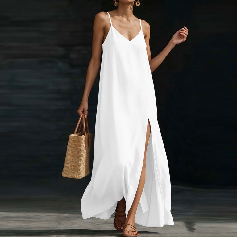 asdoklhq Maxi Cocktail Dresses for Women Midi Dresses Graduation Dress Summer Sleeveless V Neck Spaghetti Strap Side Split Maxi Dress Casual Loose Beach White 2X