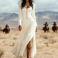 thumbnail image 4 of VEKDONE Women's Maxi Dress Long Sleeve Button Down V Neck Vintage Dress Casual Ruffle Hem Side Split Western Long Dress Solid Color Slim Fit Dresses Beige XXL, 4 of 7