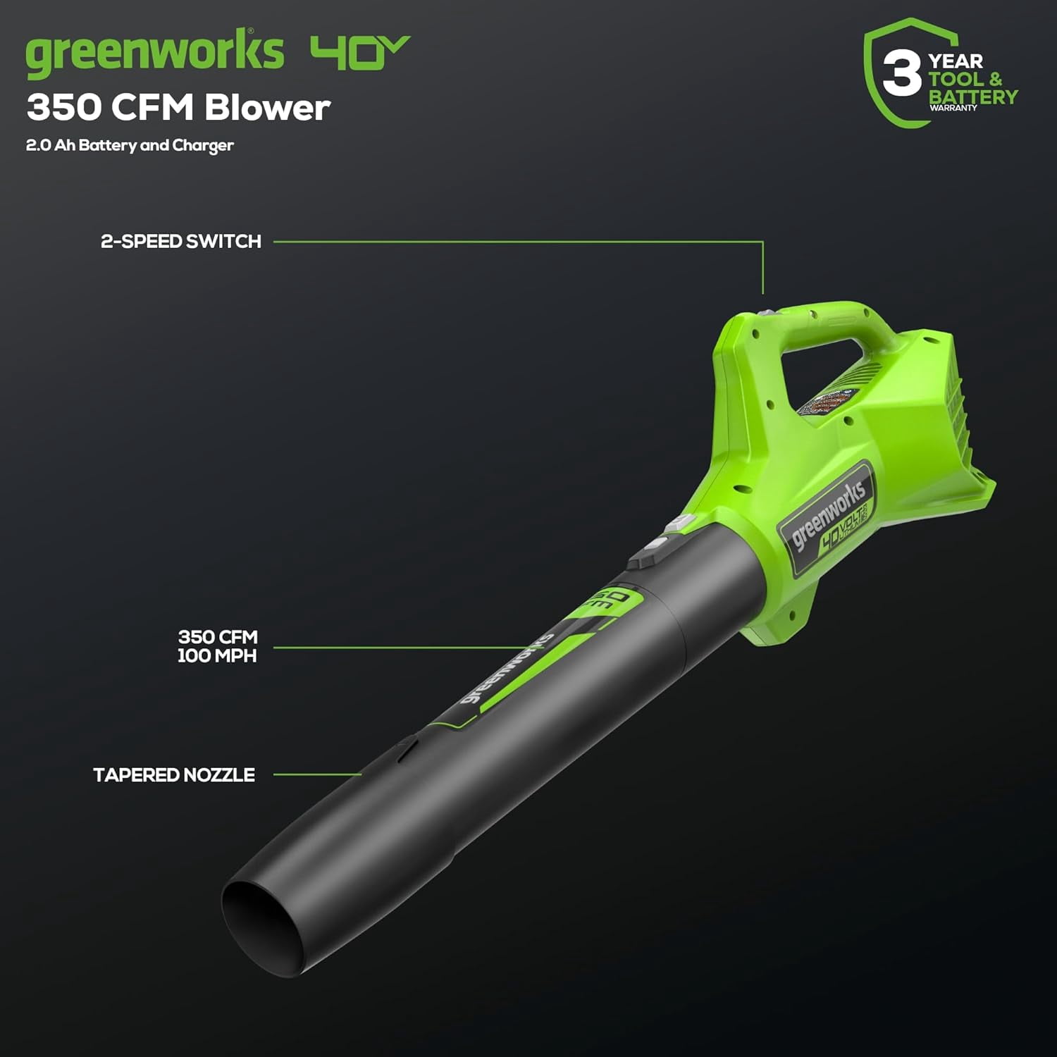 Greenworks 40V (100 MPH / 350 CFM / 75+ Compatible Tools) Cordless Axial Leaf Blower, 2.0Ah Battery and Charger Included